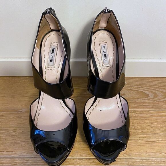 Miu Miu-Black Patent Peep Toe Zip Platform - Picture 4 of 12